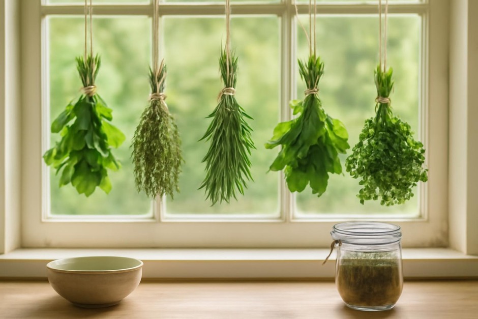 Bundles of herbs hanging to dry in a bright kitchen window