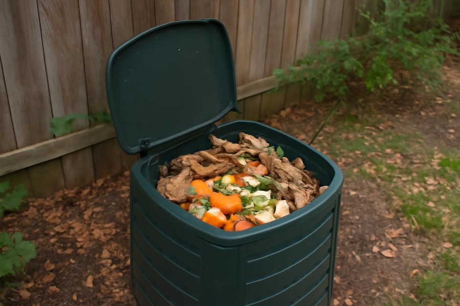 Small backyard compost bin with layered kitchen scraps and dry leaves