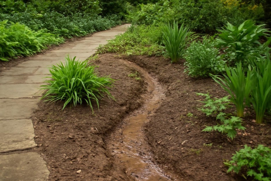 A garden path showing a shallow erosion channel with wet soil and nearby plants