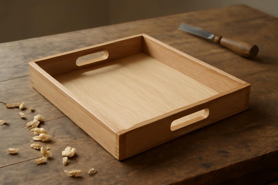Simple wooden serving tray on a rustic table