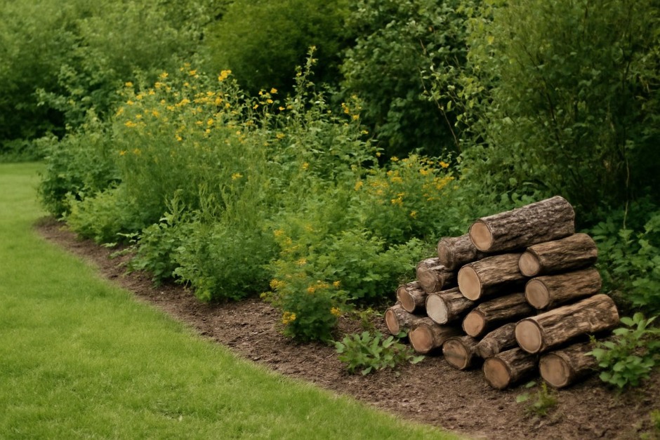 garden edge with mixed native plants, shrubs and a small log pile providing habitat